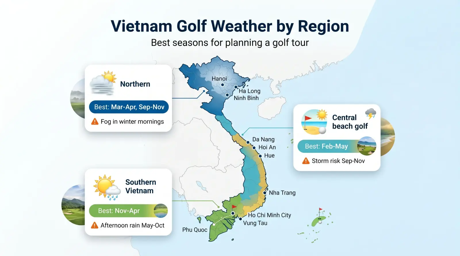 Best season map for Vietnam golf tours by region