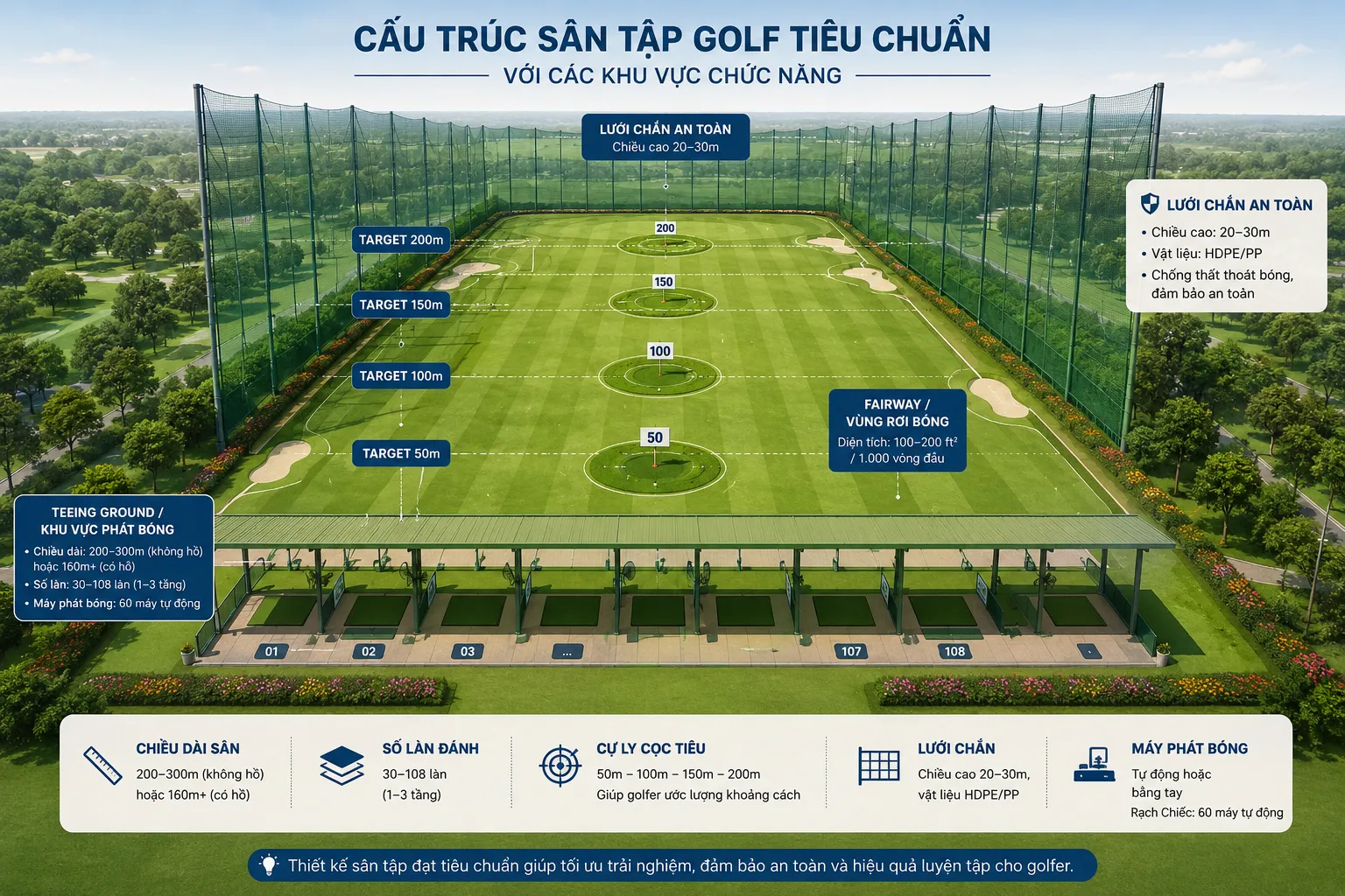 Cấu trúc sân tập golf tiêu chuẩn với các khu vực chức năng