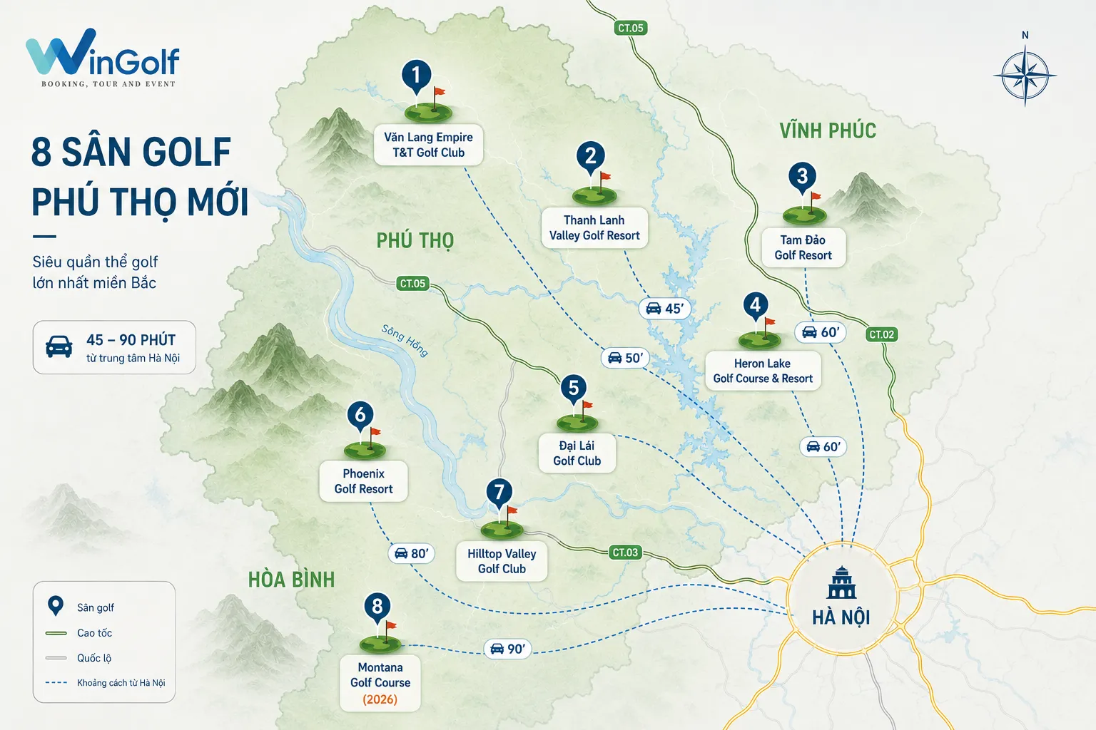 Bản đồ các sân golf Phú Thọ Mới 2026 - Vị trí & Khoảng cách