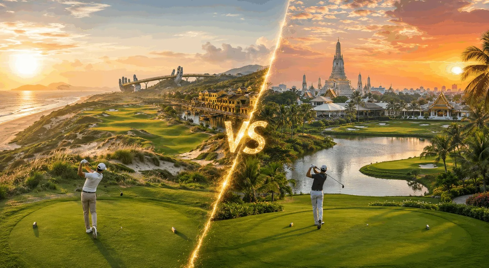 Vietnam golf landscape combined with heritage (Golden Bridge, Hoi An) and Thailand (Wat Arun)