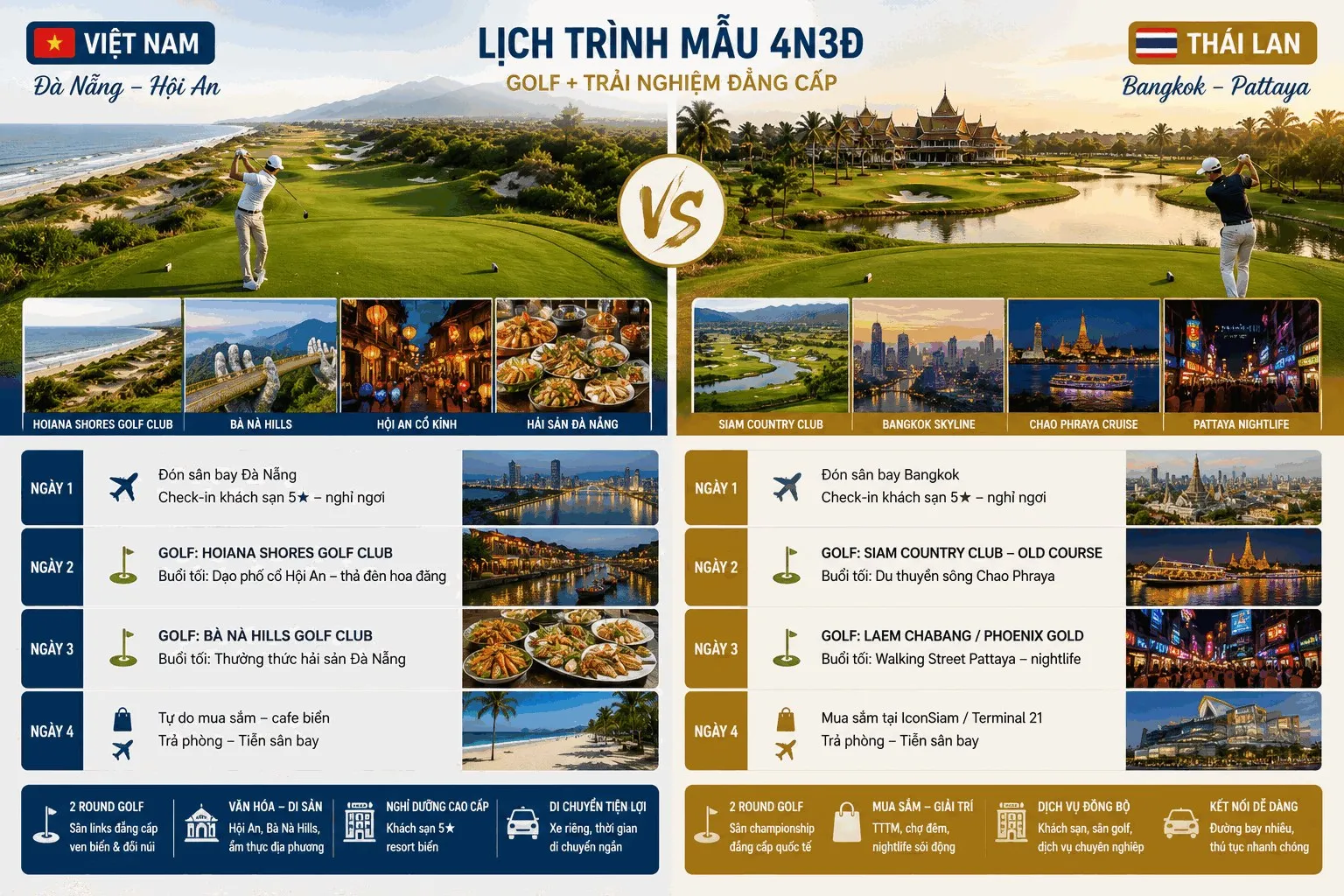 Sample 4D3N golf tour itinerary Vietnam (Da Nang - Hoi An) and Thailand (Bangkok - Pattaya)
