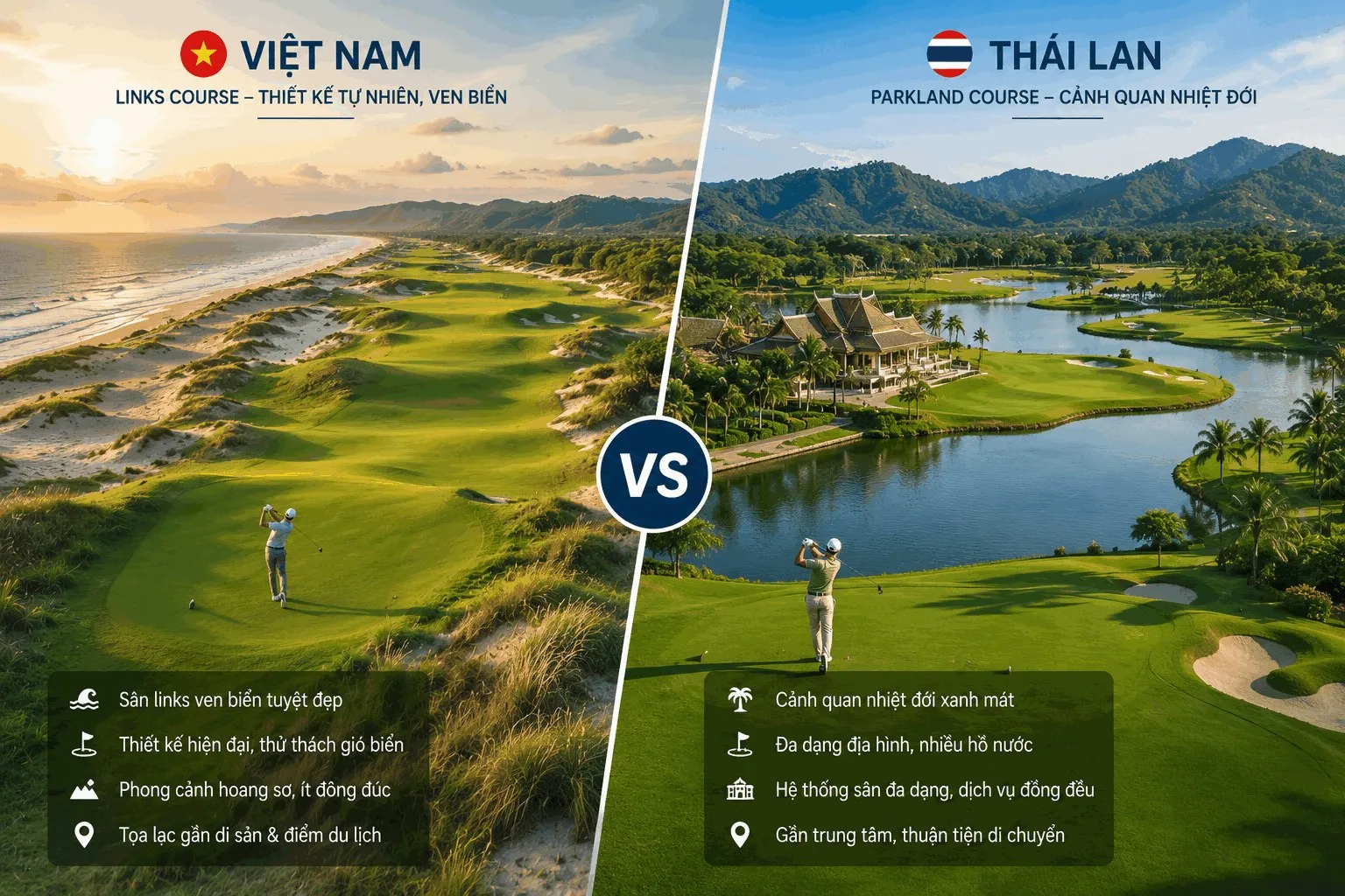Comparison between Vietnam's coastal links golf courses and Thailand's tropical parkland courses